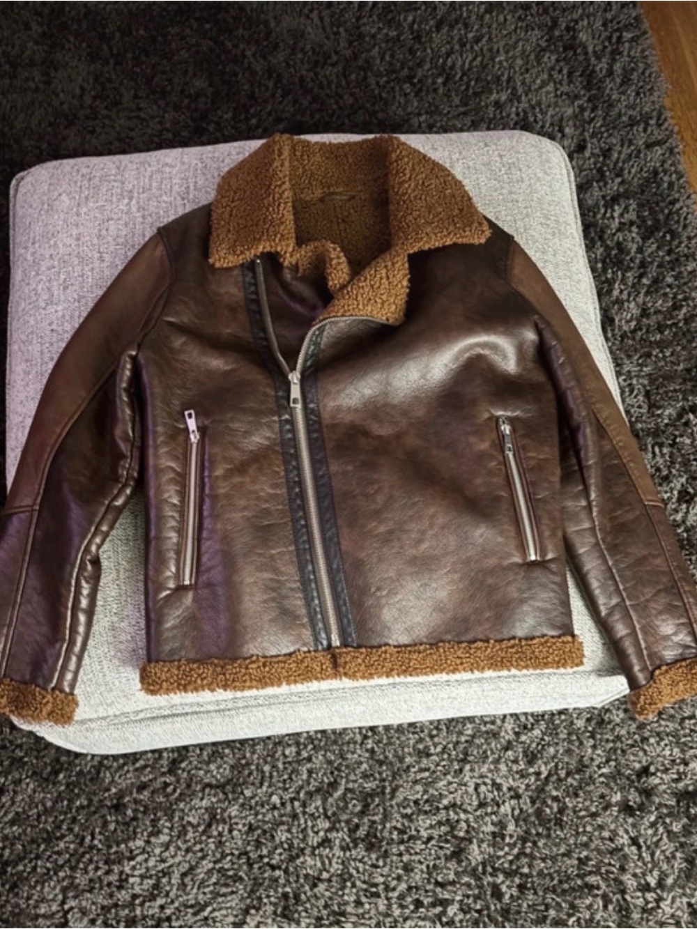 Zara Men's Dark Brown Leather Bomber Jacket with Sherpa Trim